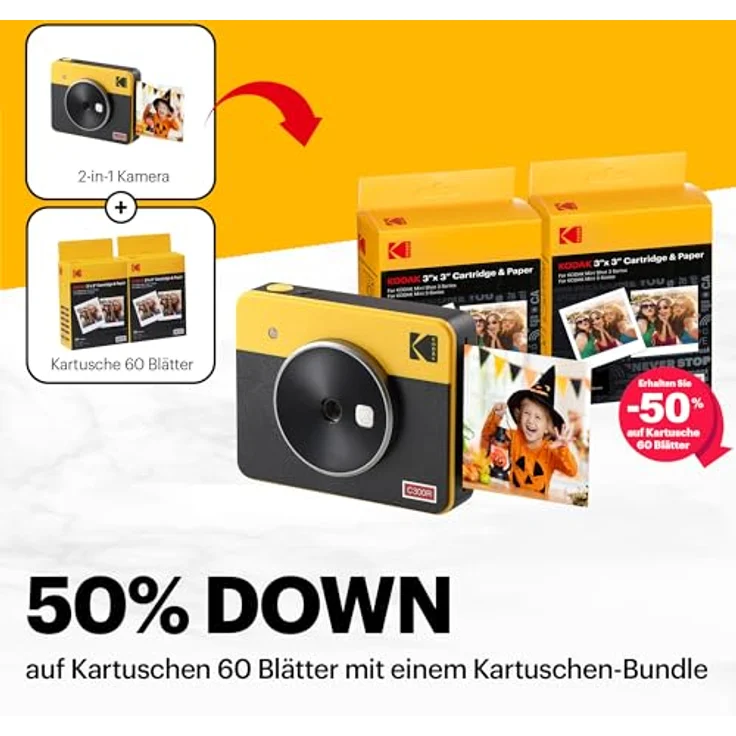 KODAK Mini Shot 3 Retro 4PASS 2-in-1 Sofortbildkamera und tragbarer Fotodrucker (7,6 x 7,6 cm) + Packung mit 68 Blatt weiß - Kostengünstiger Fotodrucker mit 4Pass-Technologie – Bild 2