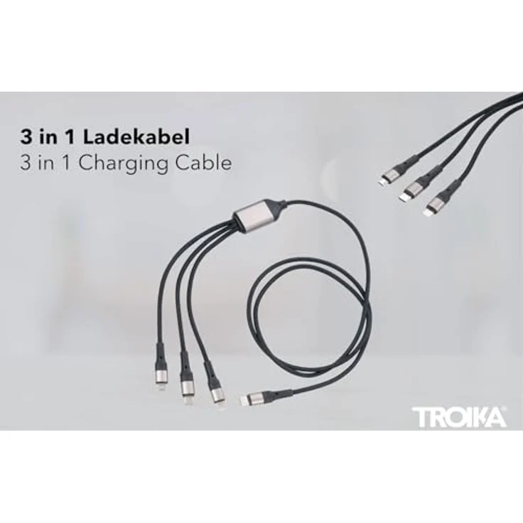 TROIKA DREIZACK PRO Schnellladekabel 3 in 1, USB-C auf Micro-USB/Lightning/USB-C, 100W Schnellladung, metallbeschichtet, 1,20 m, anthrazit/schwarz – Bild 2