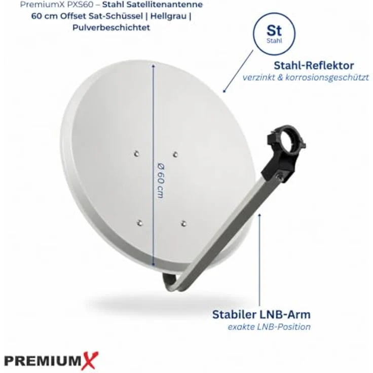 Premium X PXS60 Satellitenschüssel 60 cm Stahl Hellgrau, Offset Antenne für digitalen Empfang mit robustem Tragarm und Masthalterung – Bild 2