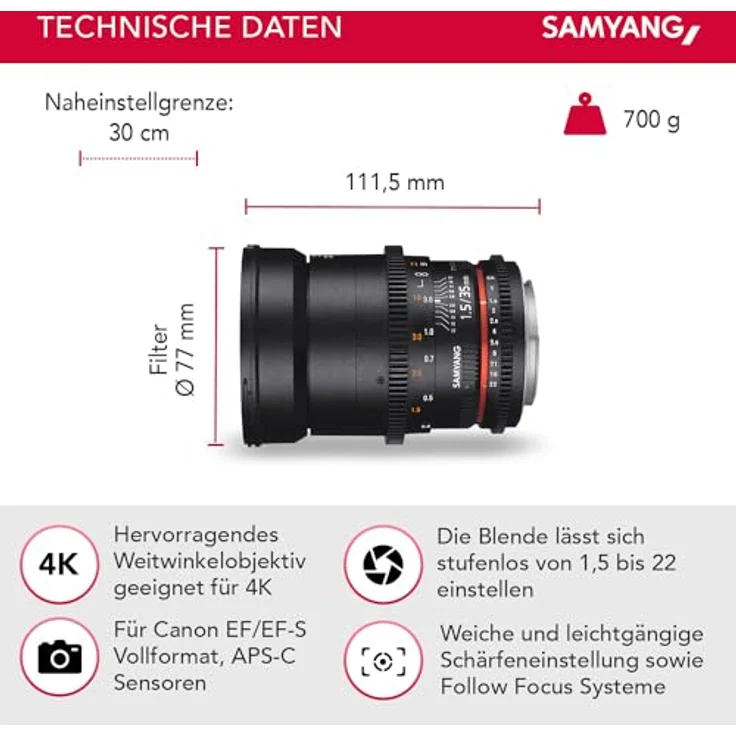 Samyang 35-1,5 Objektiv Video DSLR II Canon EF manueller Fokus Videoobjektiv 0,8 Zahnkranz Gear, Weitwinkelobjektiv schwarz – Bild 3