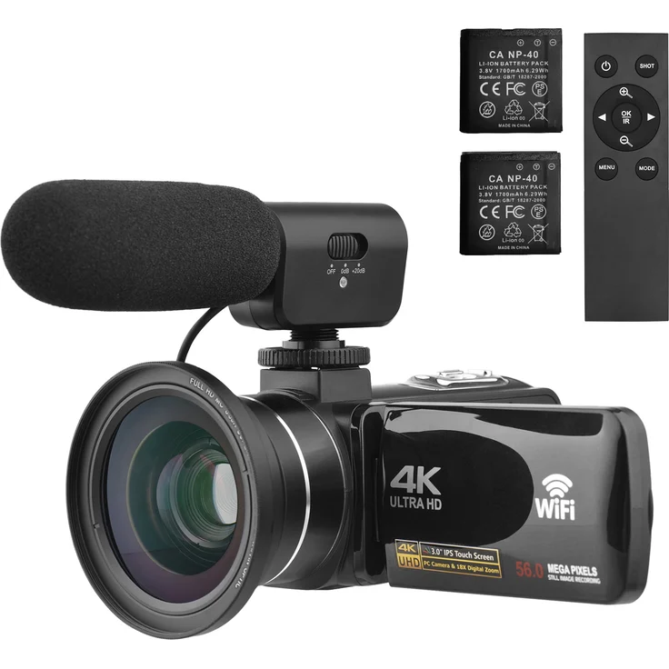 Lixada 4K-Digitalvideokamera, WiFi-Camcorder mit 56 MP, 18-fachem Digitalzoom, 3,0-Zoll-IPS-Touchscreen, IR-Nachtsicht, 2 Batterien, Fernbedienung, externem Mikrofon und Tragetasche