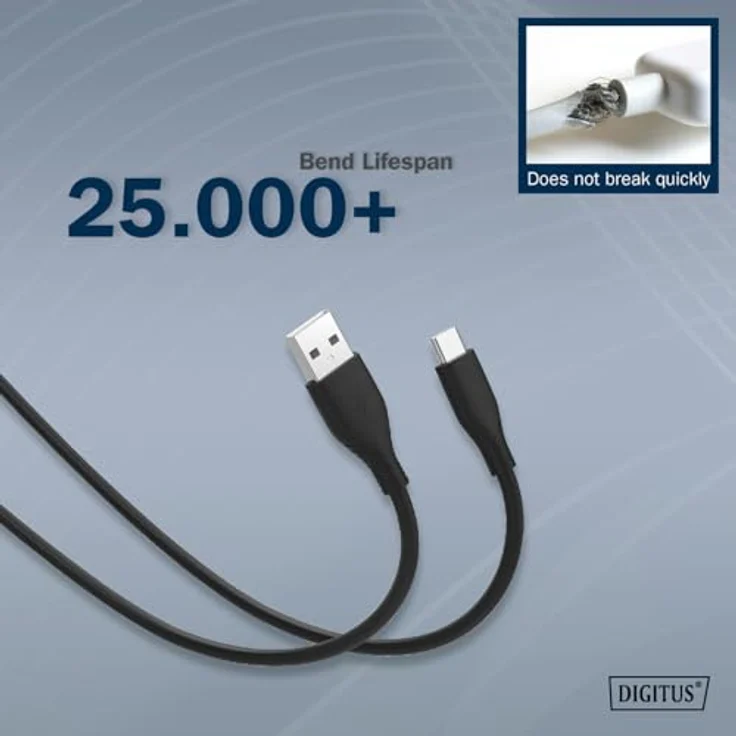 DIGITUS USB 2.0 Anschlusskabel - 1m - USB-A zu Typ-C - High-Speed 480 Mbit/s - 60W Power Delivery - flexibles Silikonkabel - Schwarz – Bild 4