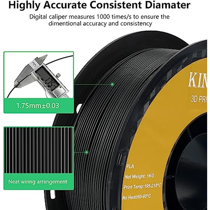Kingroon PLA Filament 1.75mm, 10KG Spule Schwarz, Maßgenauigkeit +/- 0.03mm, für FDM 3D Drucker – Bild 2