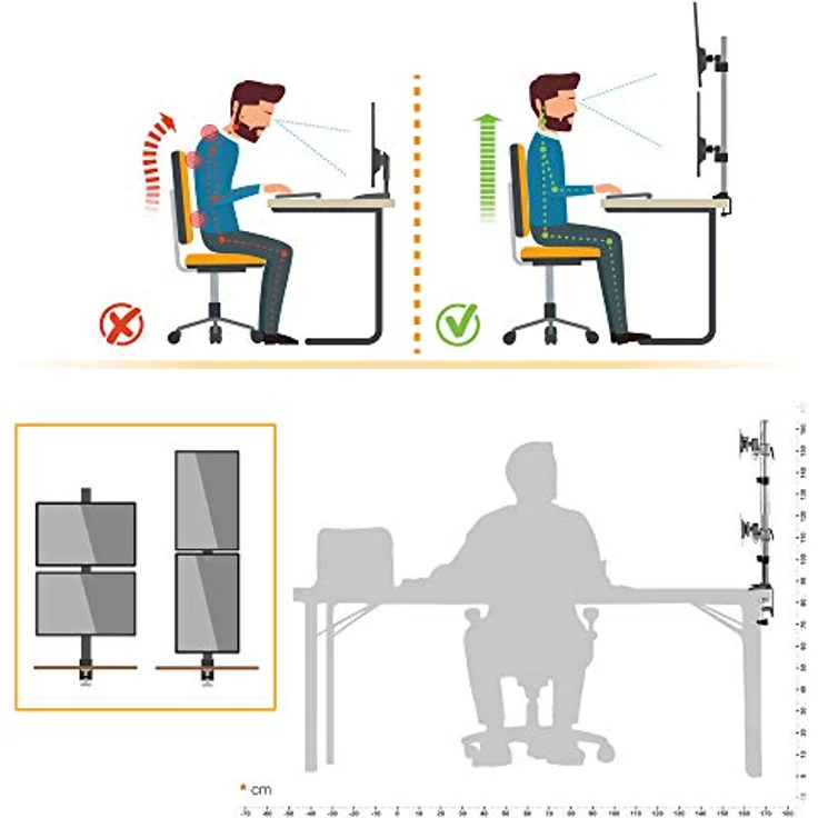RICOO Monitor Tischhalterung für 2 Monitore Übereinander Monitorhalterung TS3511 Monitorständer Schwenkbar Neigbar Höhenverstellbar Schreibtisch Bildschirmständer Tisch Ständer Monitorhalterungen VESA 75x75 100x100 / Silber – Bild 6