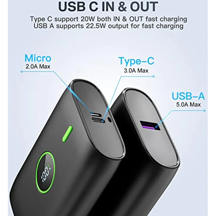 Power Bank 10000 mah,22.5W powerbank klein Aber stark mit led-anzeige,12v Ausgang,Mini powerbank Externe handyakkus,USB c powerbank,für Huawei XiaoMi Samsung und mehr – Bild 3