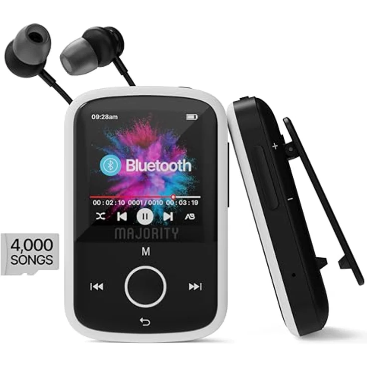 Bluetooth MP3 Player mit Sport-Clip für Kinder | Kopfhörer Inklusive | 16GB Interner Speicher, Erweiterbar auf bis zu 128GB | 34 Stunden Akkulaufzeit, 33g Gewicht | USB-Laden | MAJORITY MP3-Player – Bild 1