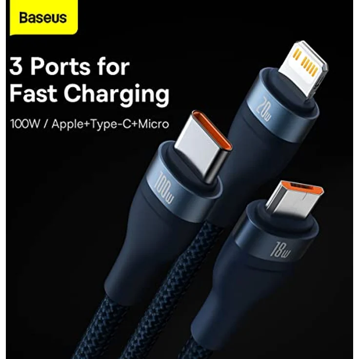 Baseus Flash Series II 100W 3-in-1 USB Kabel, Typ C/A zu C/Lightning/micro USB, 1,2m, Blau – Bild 3