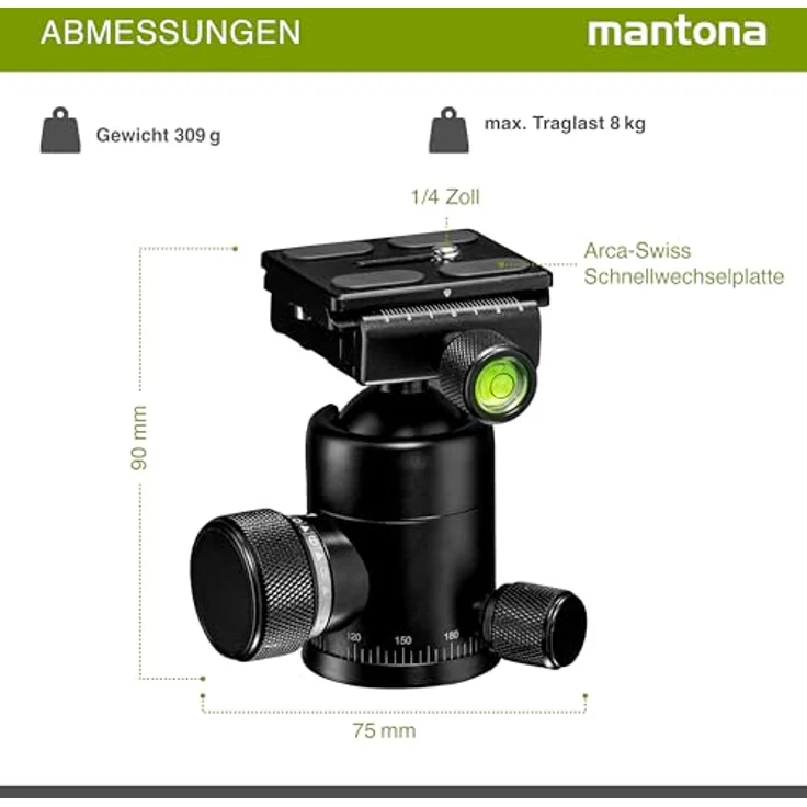 Mantona Onyx 8 Kugelkopf (M1-3008A) Arca-Swiss kompatible Schnellwechselplatte 50 mm, professionelle Verarbeitung für DSLR, spiegellose Kamera, Systemkamera, Digitalkamera, Camcorder schwarz – Bild 4