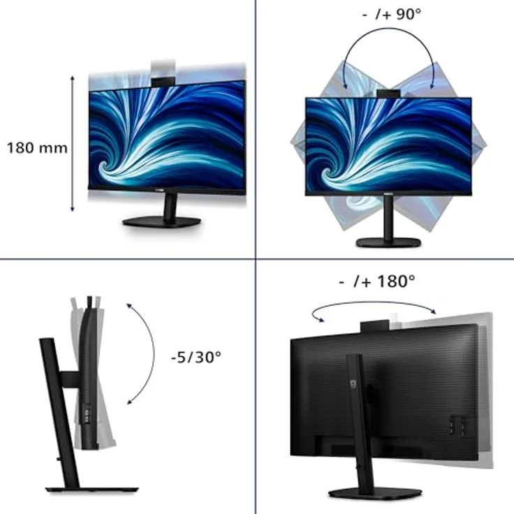 Philips 32B2U3601H 31,5 Zoll WQHD Monitor mit 100Hz, IPS Panel, 4ms GtG, Adaptive Sync, Höhenverstellung, Lautsprecher und Hello Webcam, Schwarz – Bild 5