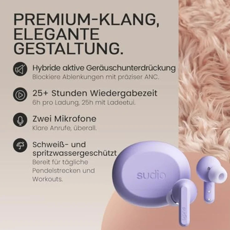 sudio A3 Pro True Wireless Kopfhörer, Bluetooth 5.4 mit Noise Cancelling, 25h Spielzeit, USB-C Ladecase, lila – Bild 3
