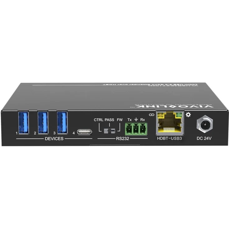 Vivolink VLUSB3EXT100D, 100m USB 3.2 Gen1 Extender, KVM Switch mit 4 USB-Ports, HDBaseT 3.0, Metallgehäuse