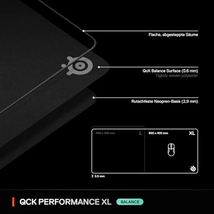 SteelSeries QcK Performance Balance XL Mauspad - Gaming-Mauspad, rutschfeste Basis, 900 x 400 mm, schwarz – Bild 7