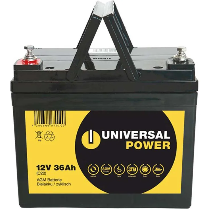 Universal Power AGM UPC12-36 12V 36Ah AGM Batterie zyklenfest wartungsfrei, Rüttelfest und auslaufsicher, 10,1 kg, F11 (M6)-Anschluss