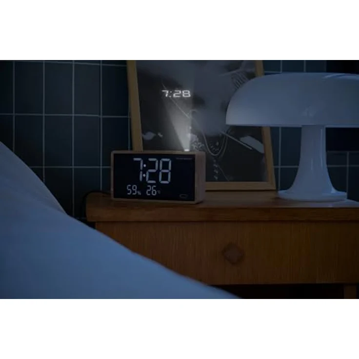Thomson CP202T Radiowecker mit Projektor und USB-C-Ladeanschluss, doppelter Alarm, Temperatur- und Luftfeuchtigkeitsanzeige, FM-Radio, Holzdesign – Bild 4