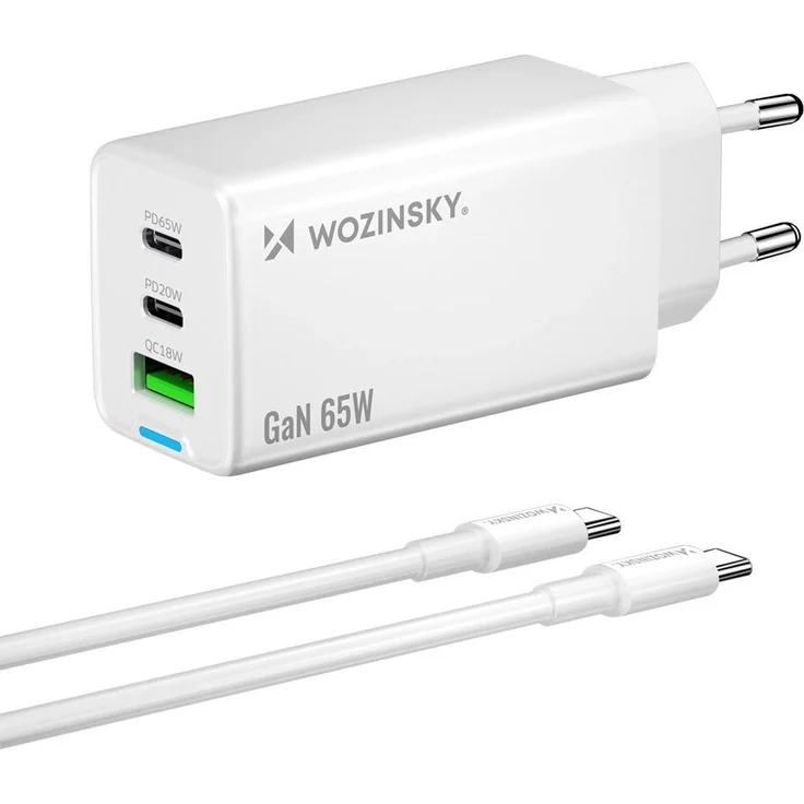 Wozinsky GaN 65W, Kompakter AC-Ladegerät mit 3 Ports (2x USB-C, 1x USB-A), Weiß, inkl. 65W USB-C zu USB-C Kabel