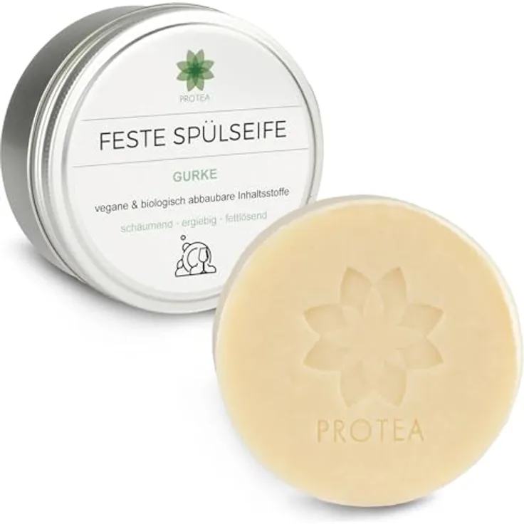 Protea Festes Spülmittel, biologisch abbaubare Geschirrspülseife, vegan, plastik- und palmölfrei, mit natürlichen Inhaltsstoffen, in Öko-Dose