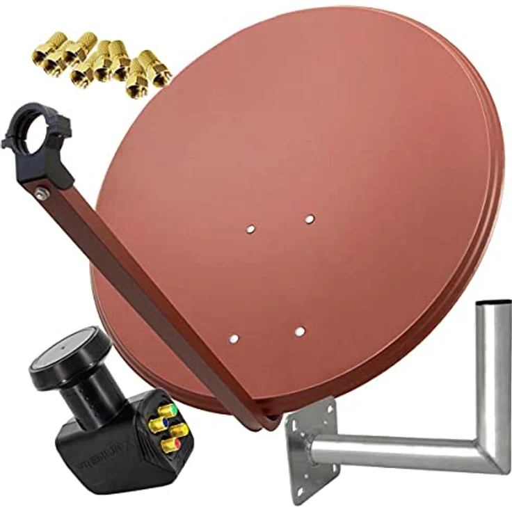PremiumX Satellitenantenne 80cm, Offset Stahl Ziegelrot mit Quad LNB und robustem 25cm Wandhalter – Bild 1