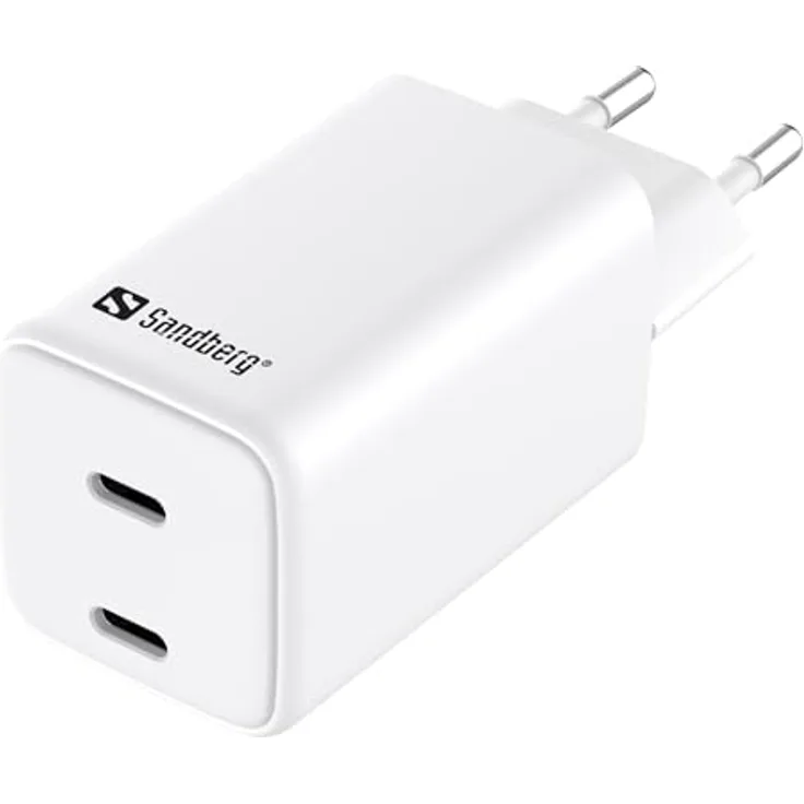 Sandberg AC Charger Dual USB-C PD65W, kompaktes USB-Ladegerät mit 2 Anschlüssen, Weiss