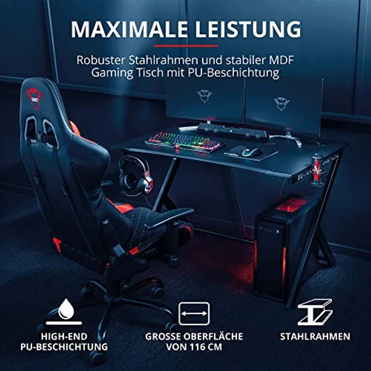 Trust Gaming Tisch - GXT 711 Dominus Ergonomischer Gaming Schreibtisch mit Kabelmanagementsystem, Headset- und Getränkehalter – Bild 4