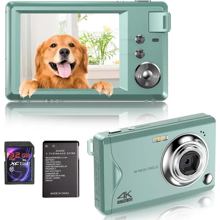 Fine Life Pro Kompaktkamera (48 MP, 16x Digitalzoom, Elektronischer Bildstabilisator, 4K HD 1080P Fotokam) in schwarz