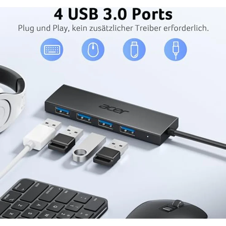 Acer USB 3.0 Hub, Ultra Slim 4*Typ-A Verteiler mit USB-C-Stromversorgung und 5 Gbps Übertragungsraten – Bild 2