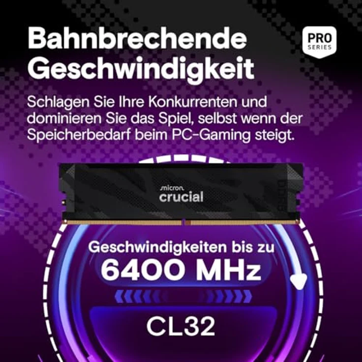 Crucial Pro DDR5-6400 Kit, 32GB (2x16GB) UDIMM, CL32 B Overclocking, 6400 MHz, Schwarz – Bild 2