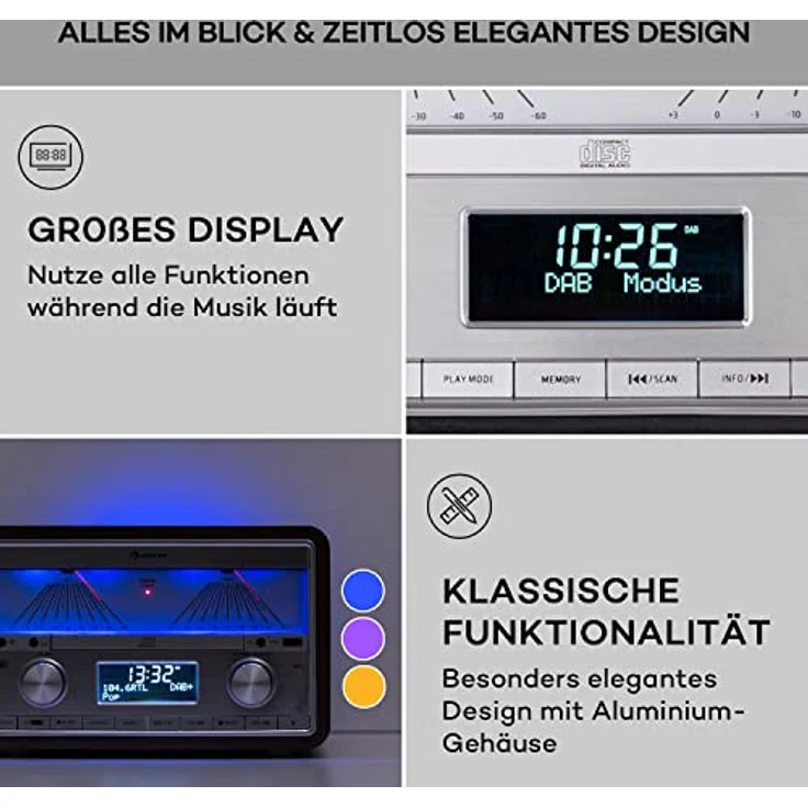 Auna DAB Radio CD-Player für Zuhause, FM/DAB/DAB+ Radio mit Bluetooth und AUX, 25W Abnehmbare Micro-Lautsprecher, LCD-Display, Fernbedienung, MP3, USB & Musik-Streaming, DAB Radio Netzbetrieben, Silber – Bild 5