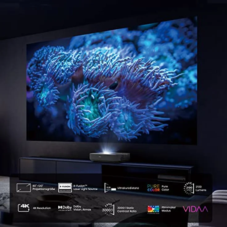 Hisense PL1 Laser Cinema 80 - 120 Zoll Laser Projektor, Ultrakurzdistanz, 4K, UHD, HDR, Triple Tuner, Laser Technologie, Smart OS, HDMI 2.1, Dolby Atmos, VIDAA U6, anthrazit (ohne Leinwand) – Bild 2