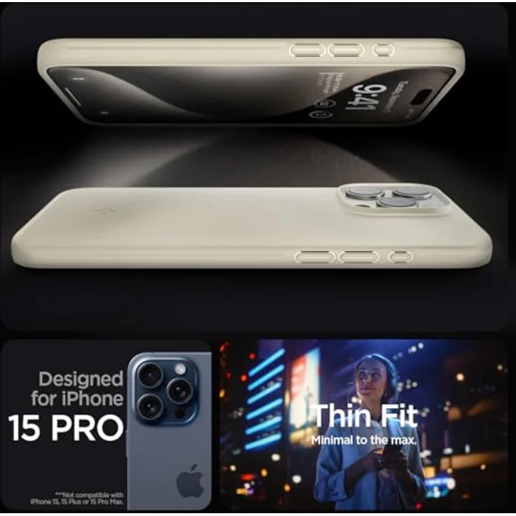 Spigen Thin Fit Hülle Kompatibel mit iPhone 15 Pro - Mute Beige - Matte Oberfläche, Flexibilität und maßgeschneidert – Bild 2