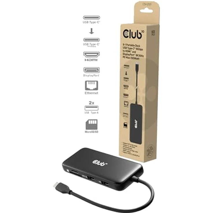 Club 3D 8-1 Portable Dock USB Type-C, 10 Gbps, HDMI und DisplayPort, 8K 30Hz, PD 100W, kompatibel mit Windows und MacOS – Bild 2