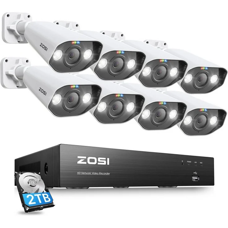 ZOSI Überwachungskamera C182 8MP, Unterstützt 8CH PoE IPC adaptiven Zugang, IP66 wasser- und staubdicht, 2-Wege-Sprachfunktion, Integrierte Sirene, Weiß – Bild 1