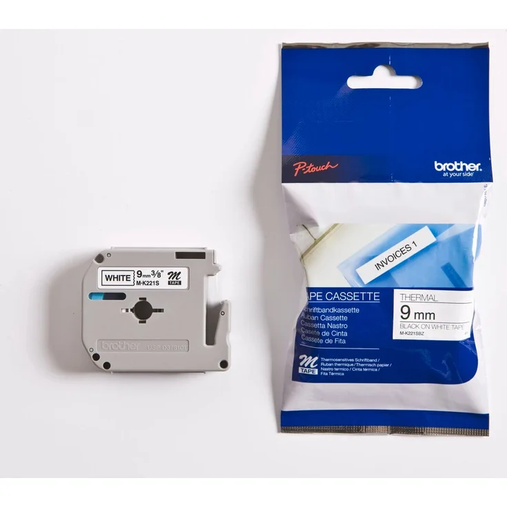 Brother M-K221S Schriftband, nicht laminiert, Schwarz auf Weiß, vielseitig einsetzbar für Etiketten