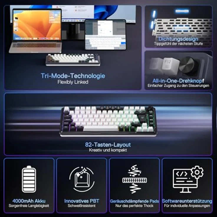Redragon K673 PRO Kabellose QWERTZ DE Gaming-Tastatur, 75% Kompakt mit Gasket Struktur, 82 Tasten, Hot-Swap-Rote Schalter, RGB-Beleuchtung, 2.4G/BT/Type-C Verbindungen, 4000 mAh Akku – Bild 2