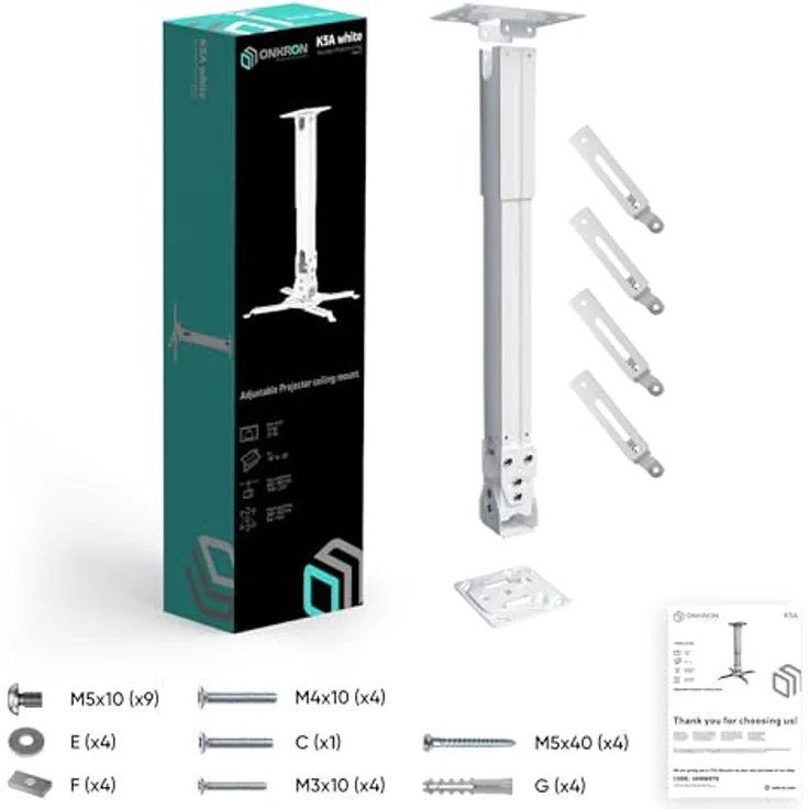 Onkron K5A, Adjustable Ceiling/Wall Projector Mount bis 10 kg, Weiß, mit Neigung und Drehung – Bild 9