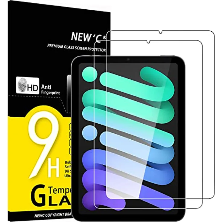 NEW'C Schutzfolie für iPad mini 7 (A17 Pro, 2024) / mini 6 (2021), 2 Stück, 9H Panzer Glas, 0.33mm, HD transparent, anti-fingerabdrücklich