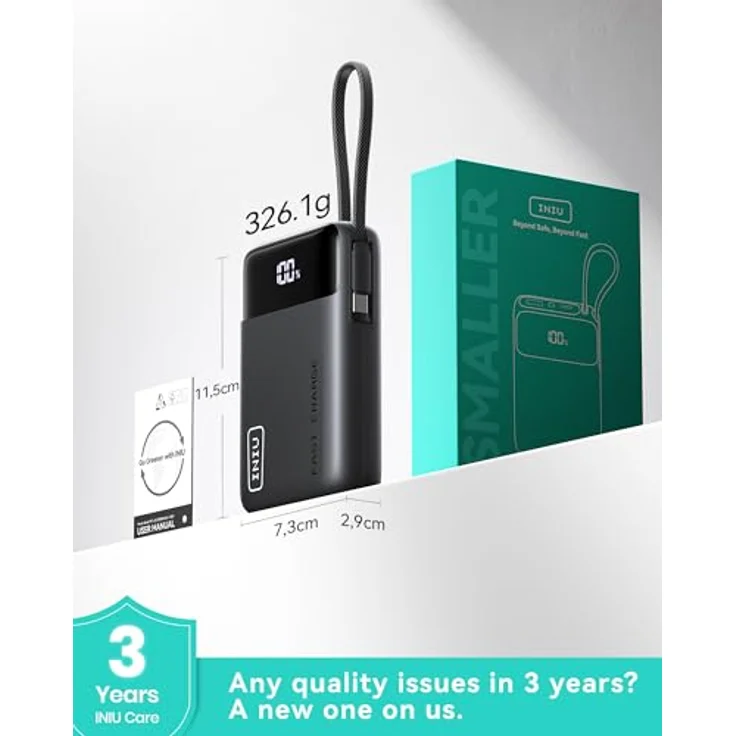 INIU MegaPower 22,5 W, Power Bank 20000 mAh mit USB-C Ein- und Ausgang, eingebautem Kabel, kompaktes Design – Bild 9