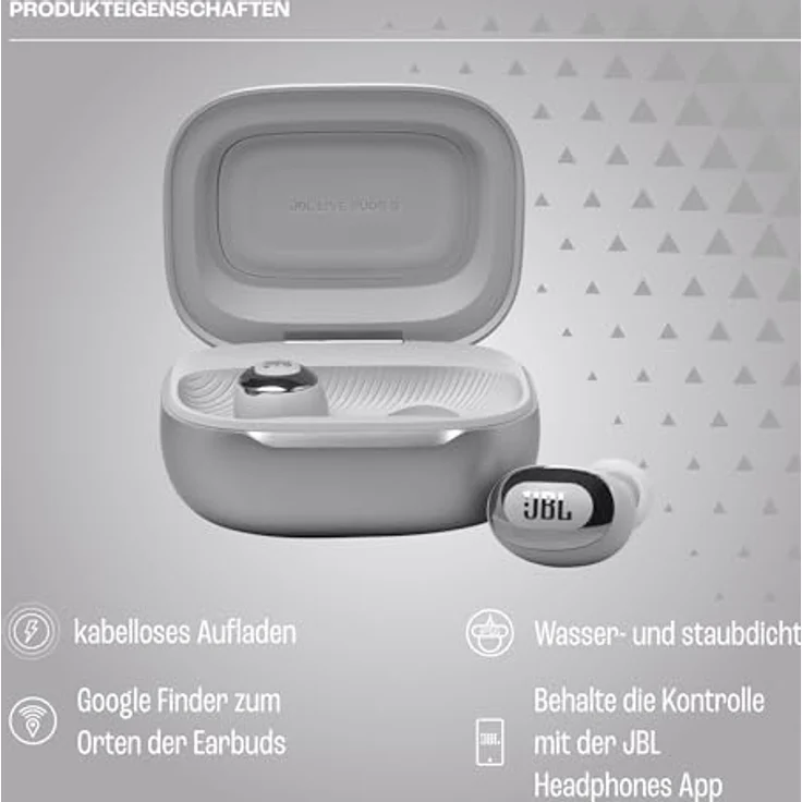 JBL Live Buds 3, Kabellose Ohrhörer mit Bluetooth, 40h Akkulaufzeit, True Adaptive Noise Cancelling, High Resolution Signature Sound, IP55 Wasserdicht, Silver – Bild 2