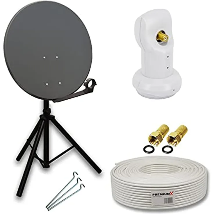 PremiumX PXS80 Camping Satelliten-Komplettanlage, 80cm Satellitenschüssel mit Single LNB, wasserdicht, 10m Kabel, Dreibein-Stativ, Anthrazit