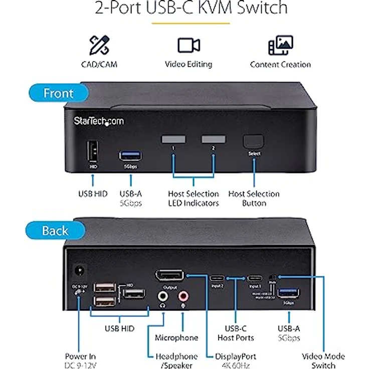 StarTech.com 2-Port USB C KVM Switch, KVM Umschalter mit 4K 60Hz DisplayPort UHD HDR Video, Thunderbolt 3/4 und USB C DP Alt Mode, Audio, 4x USB, 2x USB-A 5 Gbit/s Hub, Hot Key Switching (SV231DPUCA) – Bild 3