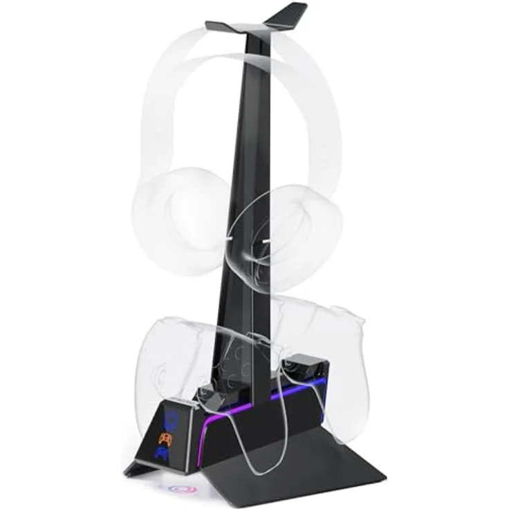 Oniverse PS5 Controller Ladegerät, 2H Schnellladestation mit abnehmbarer Kopfhörerhalterung, Dual Charger kompatibel mit DualSense, Schwarz – Bild 1
