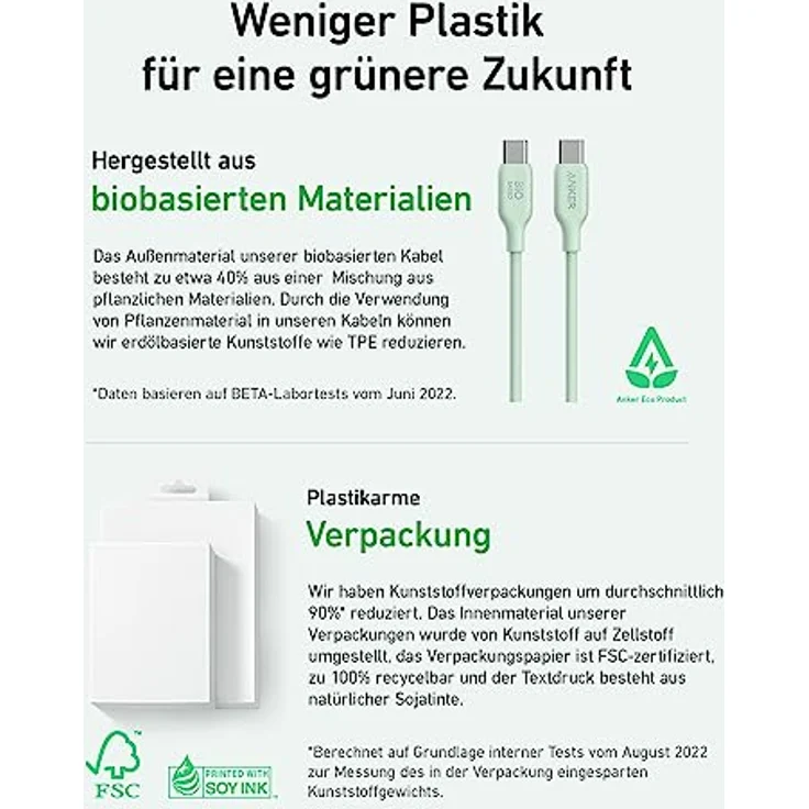 Anker 543 USB C auf USB C Kabel (100W, 180cm), USB 2.0 Umweltfreundliches Bio-Kabel, Kompatibel mit MacBook Pro 2020, iPad Pro 2020, iPad Air 4, Samsung Galaxy S21, und mehr (in Naturgrün) – Bild 3