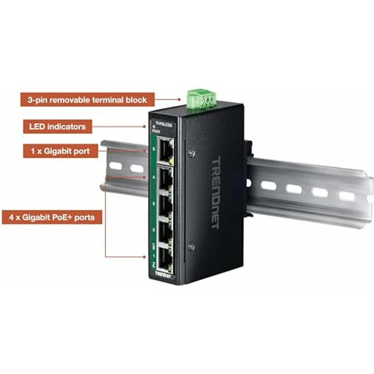 Trendnet TI-PGLC50, 5-Port Industrial Gigabit PoE+ Netzwerk Switch, IP30 Schutz, Betriebstemperatur -40°C bis 75°C, Schwarz – Bild 9