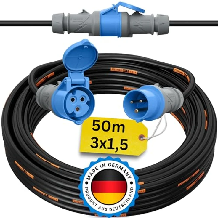 netbote24 Camping Kabel 50m CEE Verlängerungskabel, TITANEX 3x1,5, IP44 Schutz, für Outdoor und Wohnmobil – Bild 1