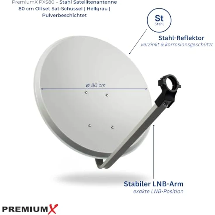 PremiumX Satelliten-Komplettanlage PXS80, 80 cm Satellitenschüssel in Hellgrau mit Quad LNB, 4x DVB-S2 FullHD Receiver, 3D Unterstützung – Bild 4