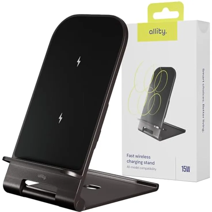 Allity 15W Qi Wireless Charger with Standfunktion, Faltbare Schnelllade-Ladestation USB-C für iPhone und Android, Aluminium, Grau