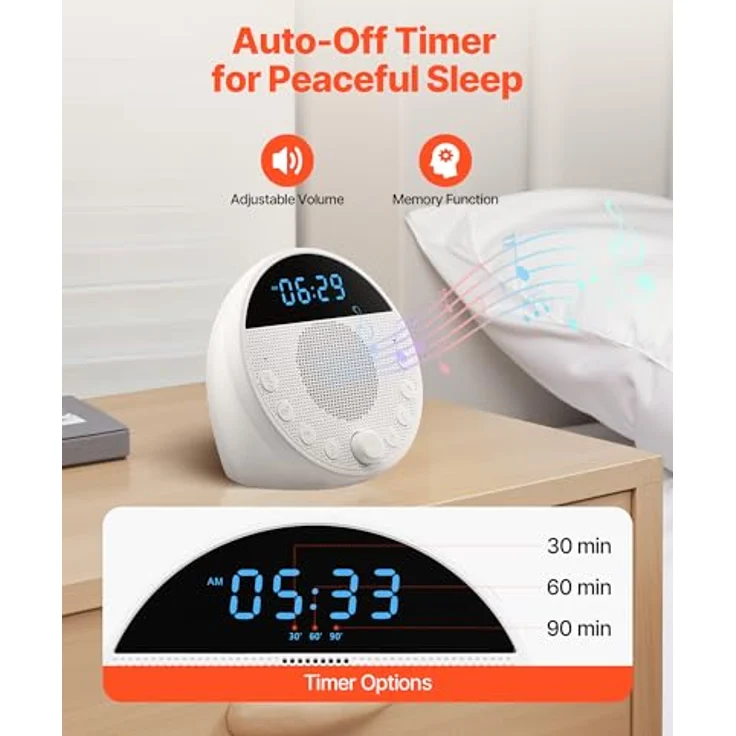 VEVOR CS8 Einschlafhilfe, White Noise Machine mit 18 Musiktiteln, 7-farbigem Nachtlicht, 2 Alarmen, automatischer Abschaltfunktion & Speicherfunktion – Bild 5
