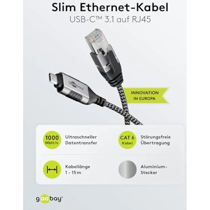 Goobay Ethernet-Kabel USB-C 3.1 auf RJ45 Slim, 10 m, CAT 6, bis 1 Gbit/s, schwarz-silber – Bild 2