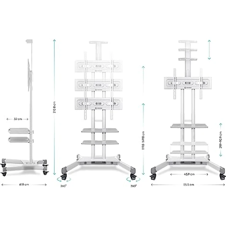ONKRON TV Bodenständer höhenverstellbar & TV Ständer rollbar - VESA Standfuss 600x400 für 40-70 Zoll LED Flach & Curved Bildschirme bis 45,5 kg/TV Stand mit Zwei AV-Fächern TS1552 Weiß – Bild 5