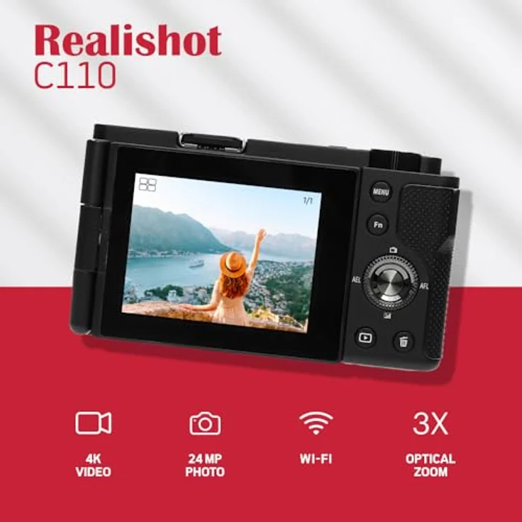 AgfaPhoto Realishot C110 Kompakte Digitalkamera mit 2,8 Zoll beweglichem Display, CMOS-Sensor und Bildstabilisierung – Schwarz – Bild 3