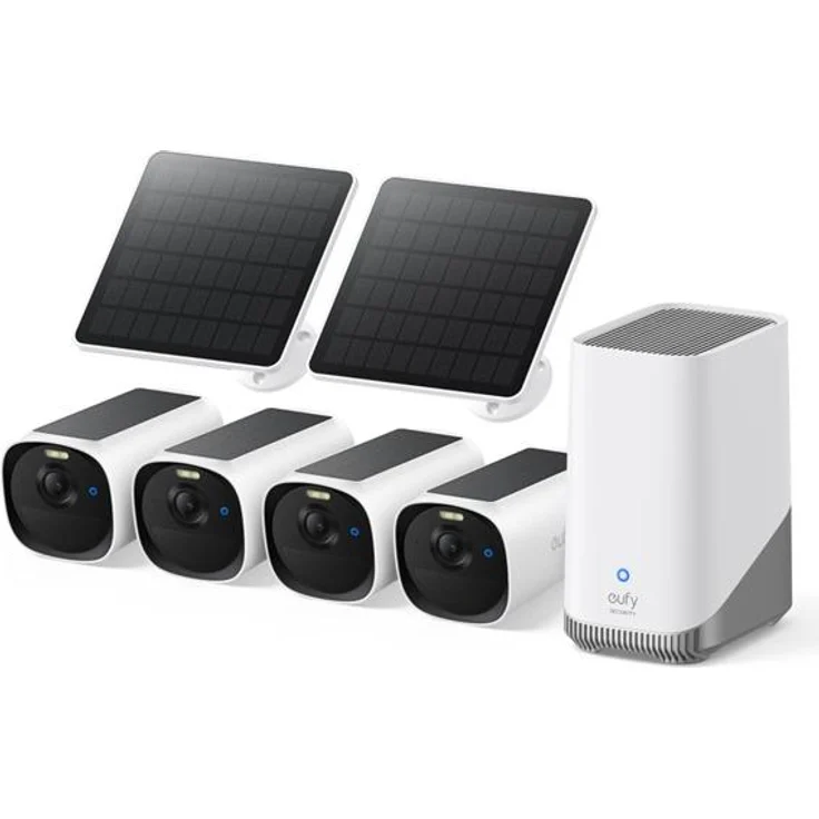 eufy eufyCam E40 4-Cam Kit, Netzwerkkamera mit 2K-QHD Auflösung, integrierter HomeBase S380, 16 GB Speicher, SolarPlus 2.0 Panel, KI-gestützte Gesichtserkennung
